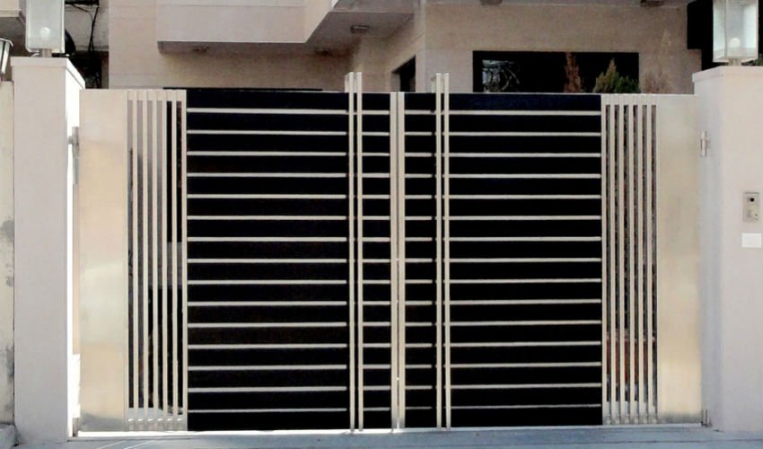 Modern black steel entrance gate with stainless steel vertical bars for residential homes